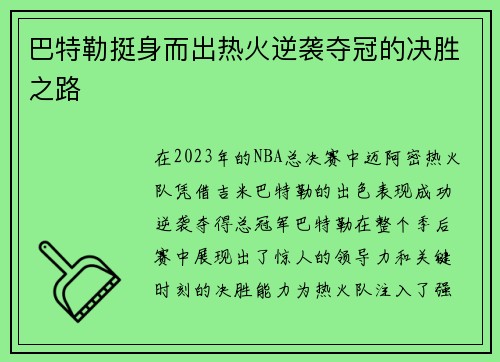 巴特勒挺身而出热火逆袭夺冠的决胜之路